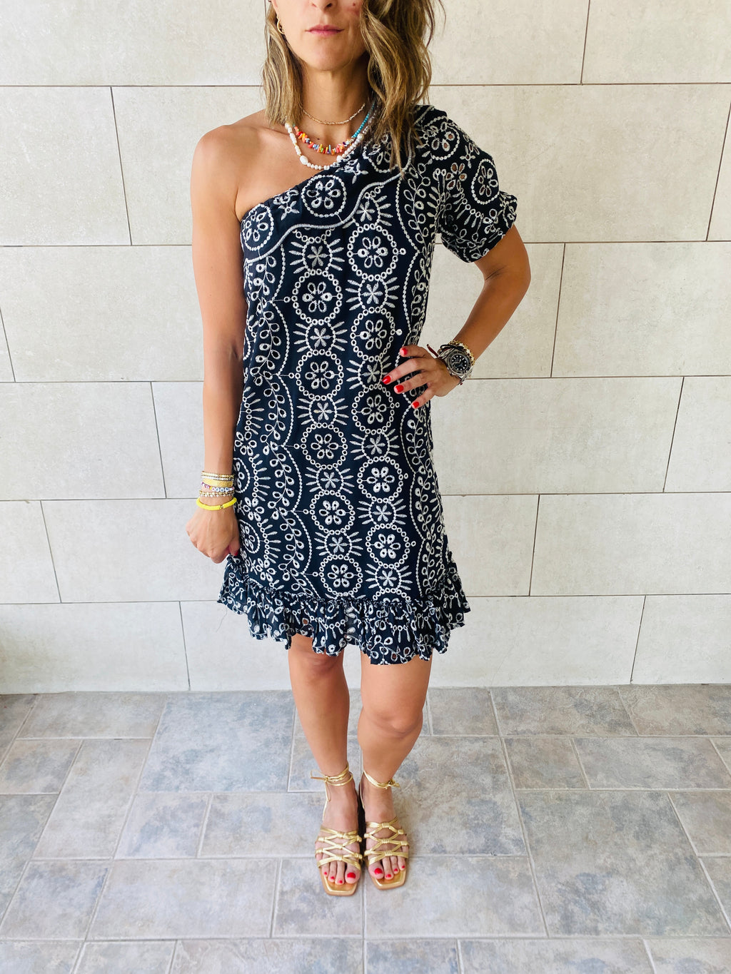 Black One Shoulder Anglaise Dress