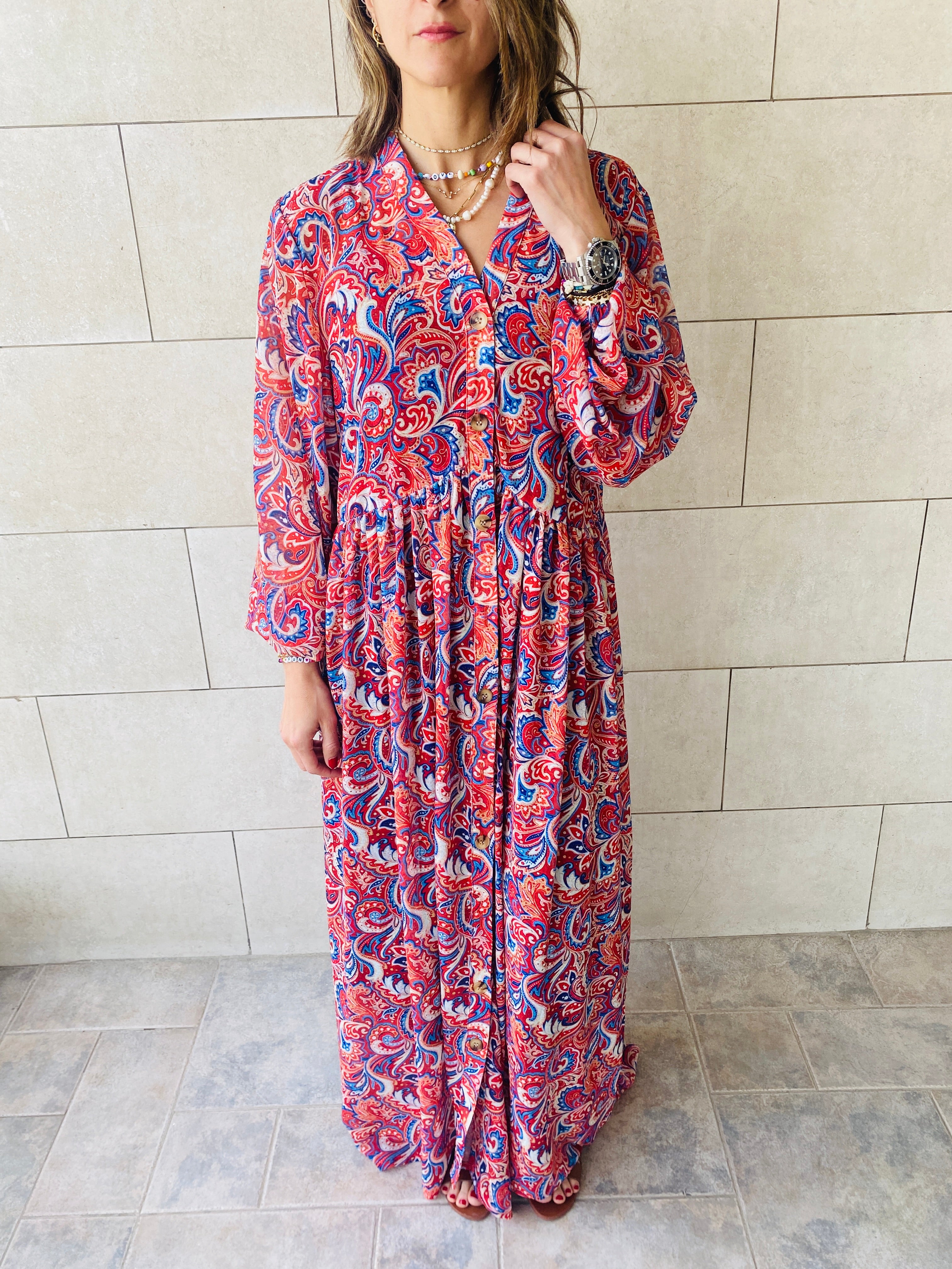Rouge Paisley Chiffon Dress