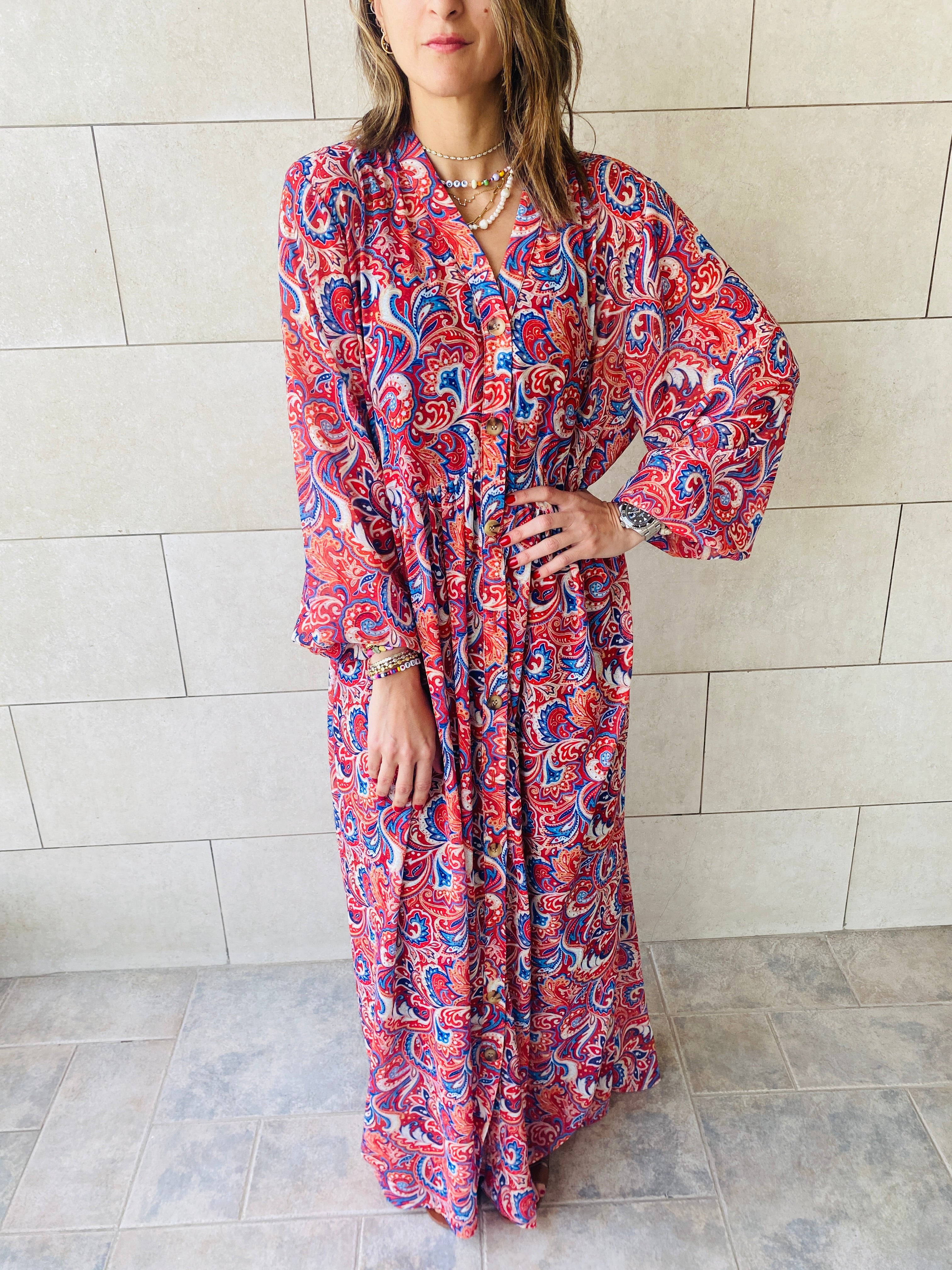 Rouge Paisley Chiffon Dress