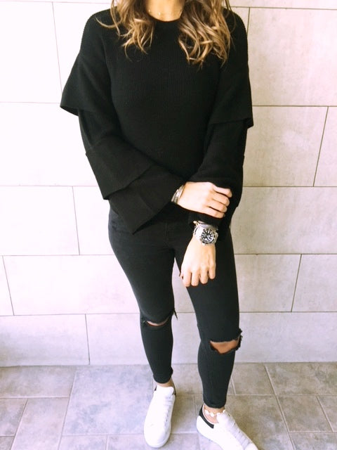 Black Ruffle Sleeve Pullover