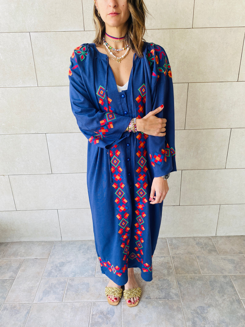 Navy Embroidered Button Kaftan