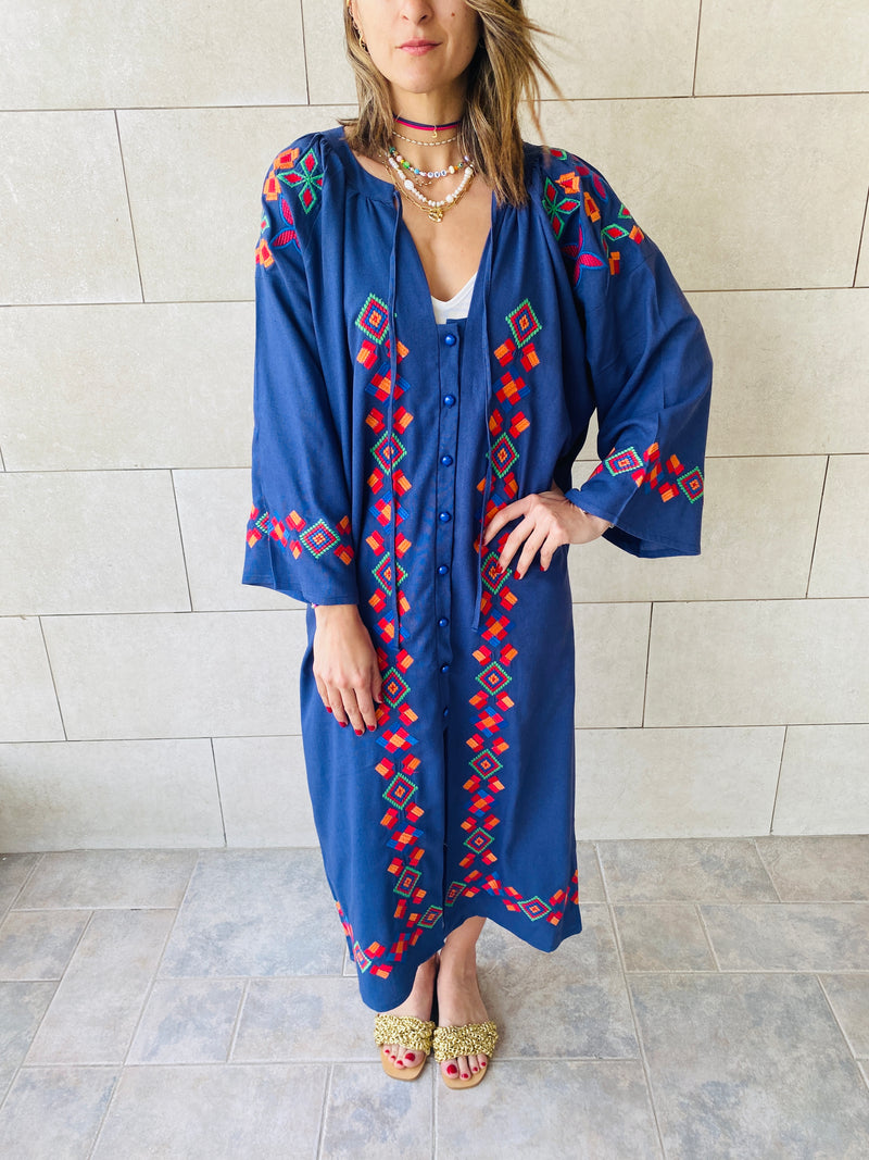 Navy Embroidered Button Kaftan