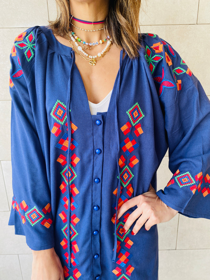 Navy Embroidered Button Kaftan