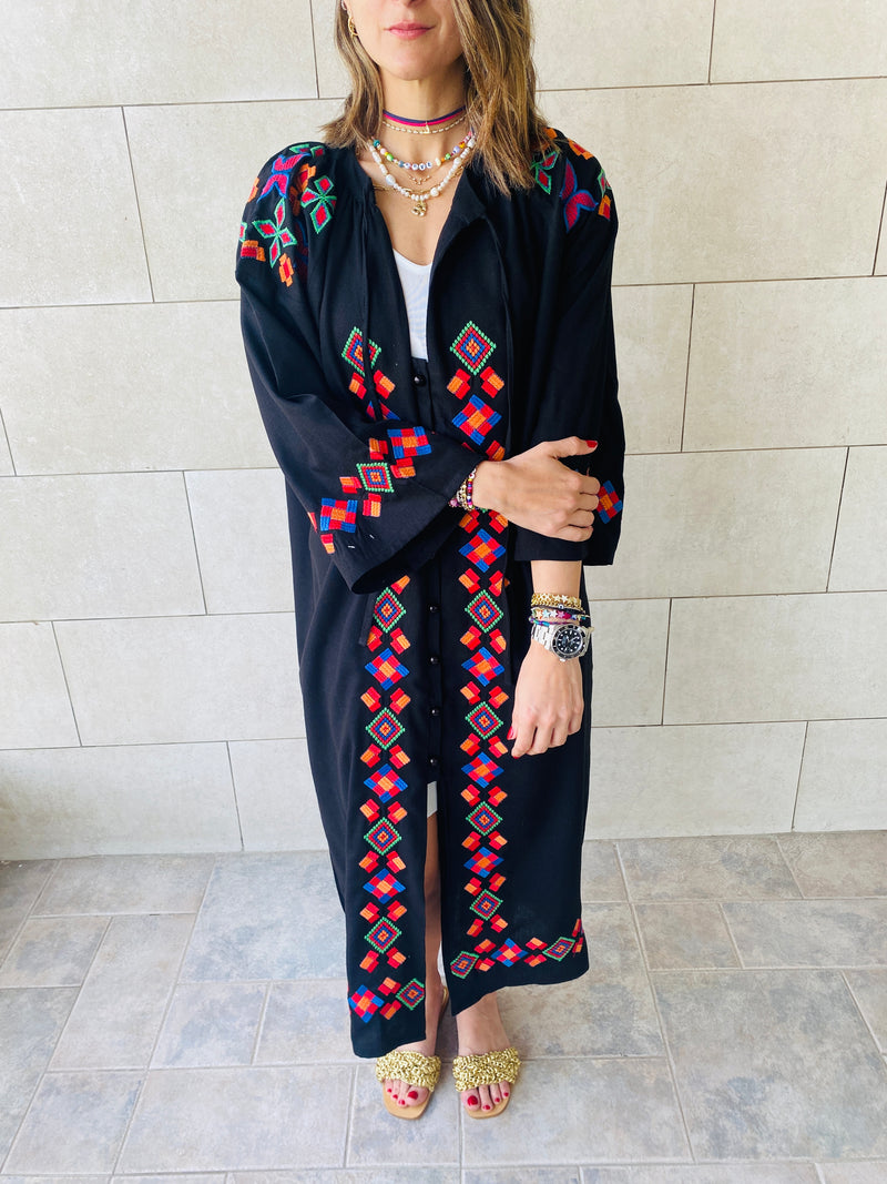 Black Embroidered Button Kaftan