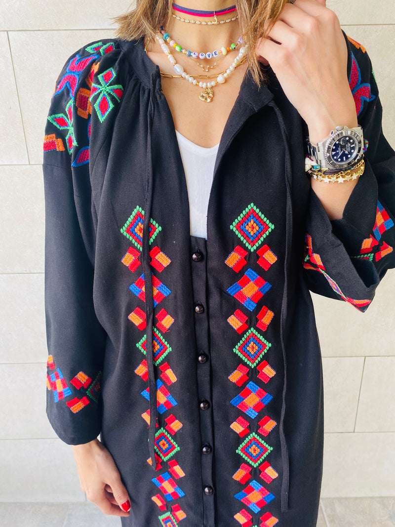 Black Embroidered Button Kaftan