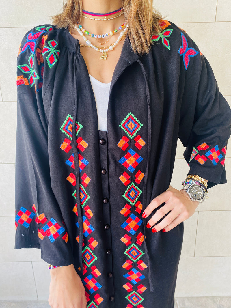 Black Embroidered Button Kaftan