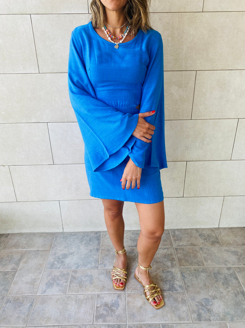 Blue Backless Linen Dress