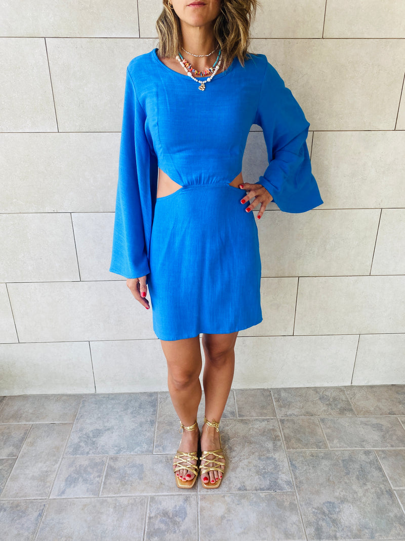 Blue Backless Linen Dress