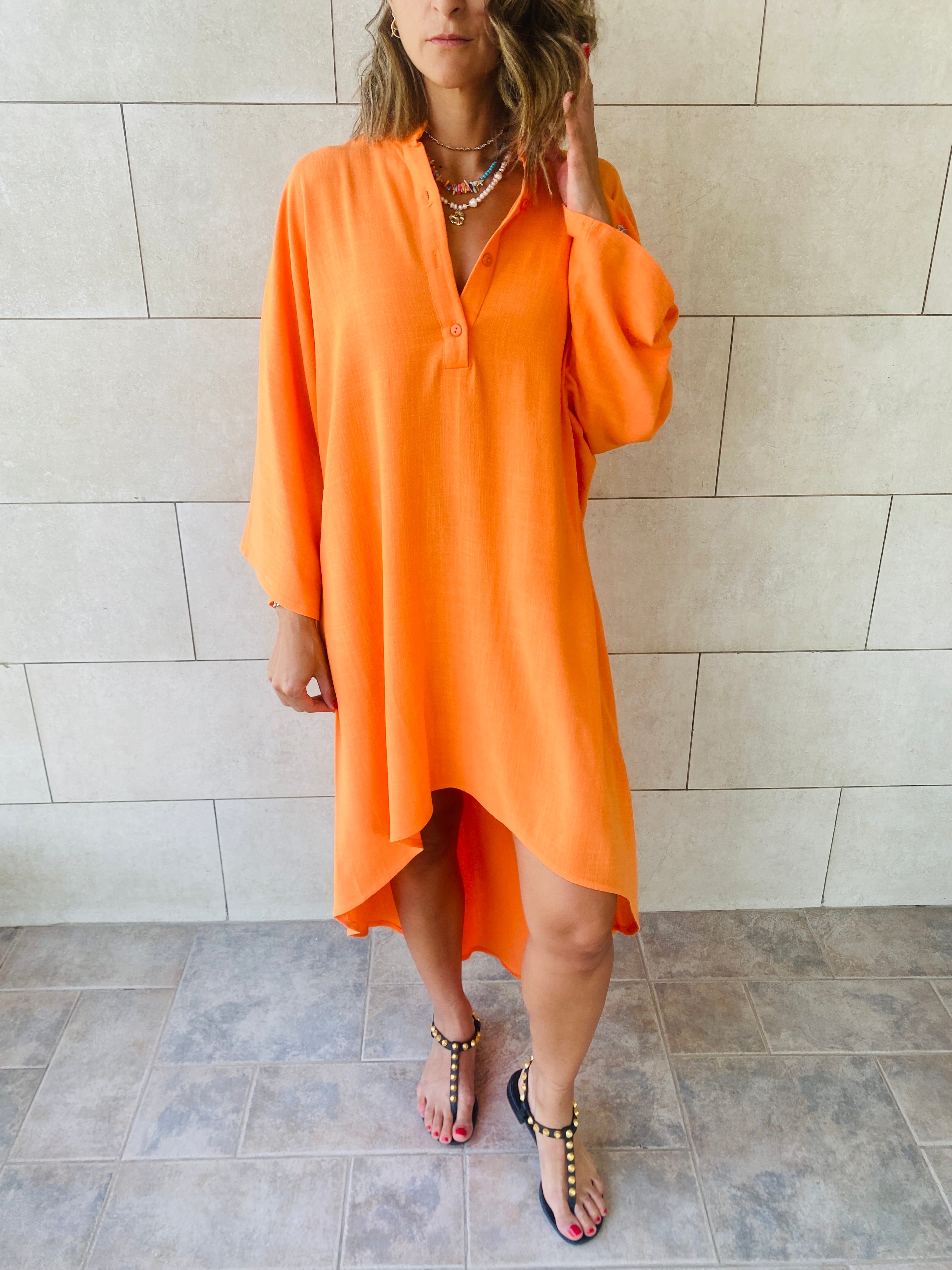 Orange High Low Linen Shirt