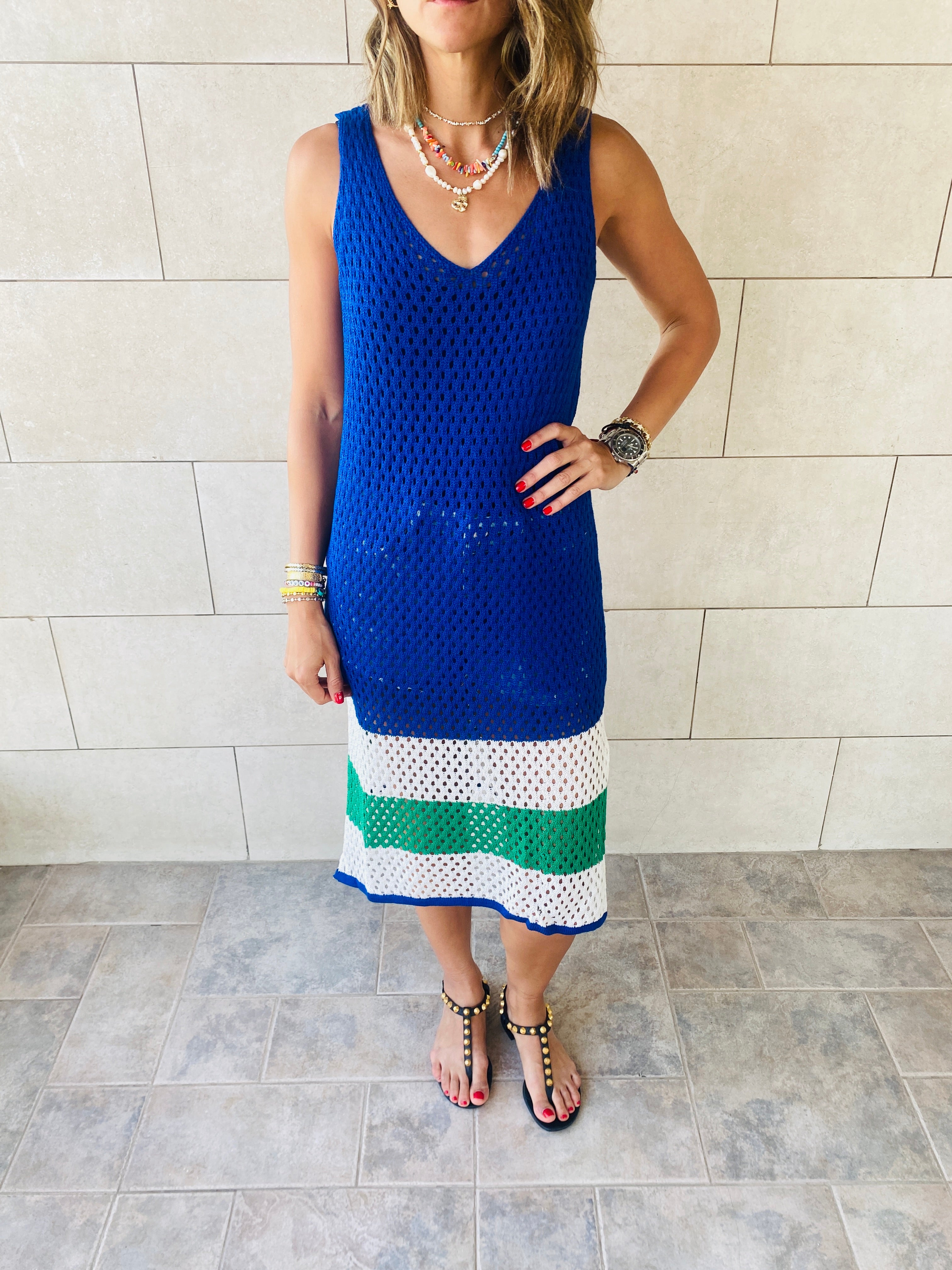 Blue Colorblock Trim Crochet Coverup