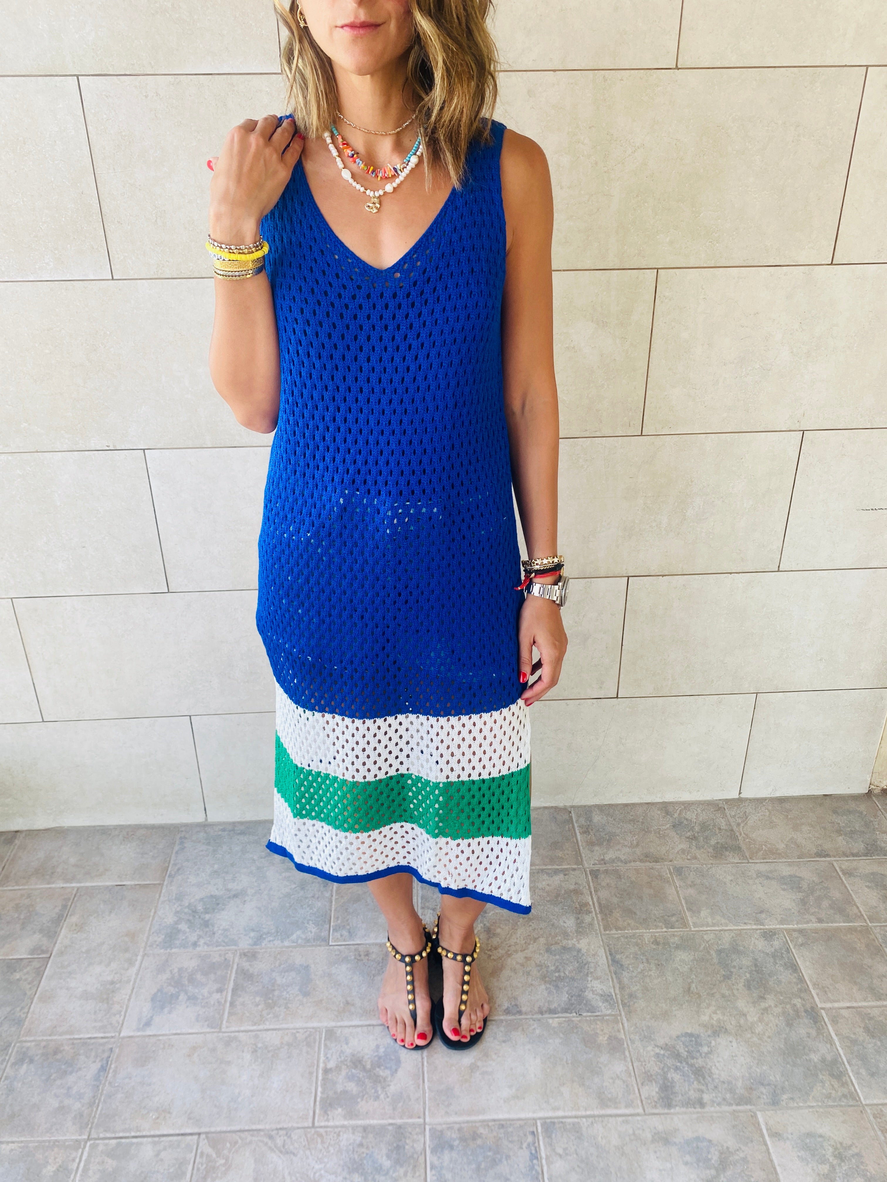 Blue Colorblock Trim Crochet Coverup