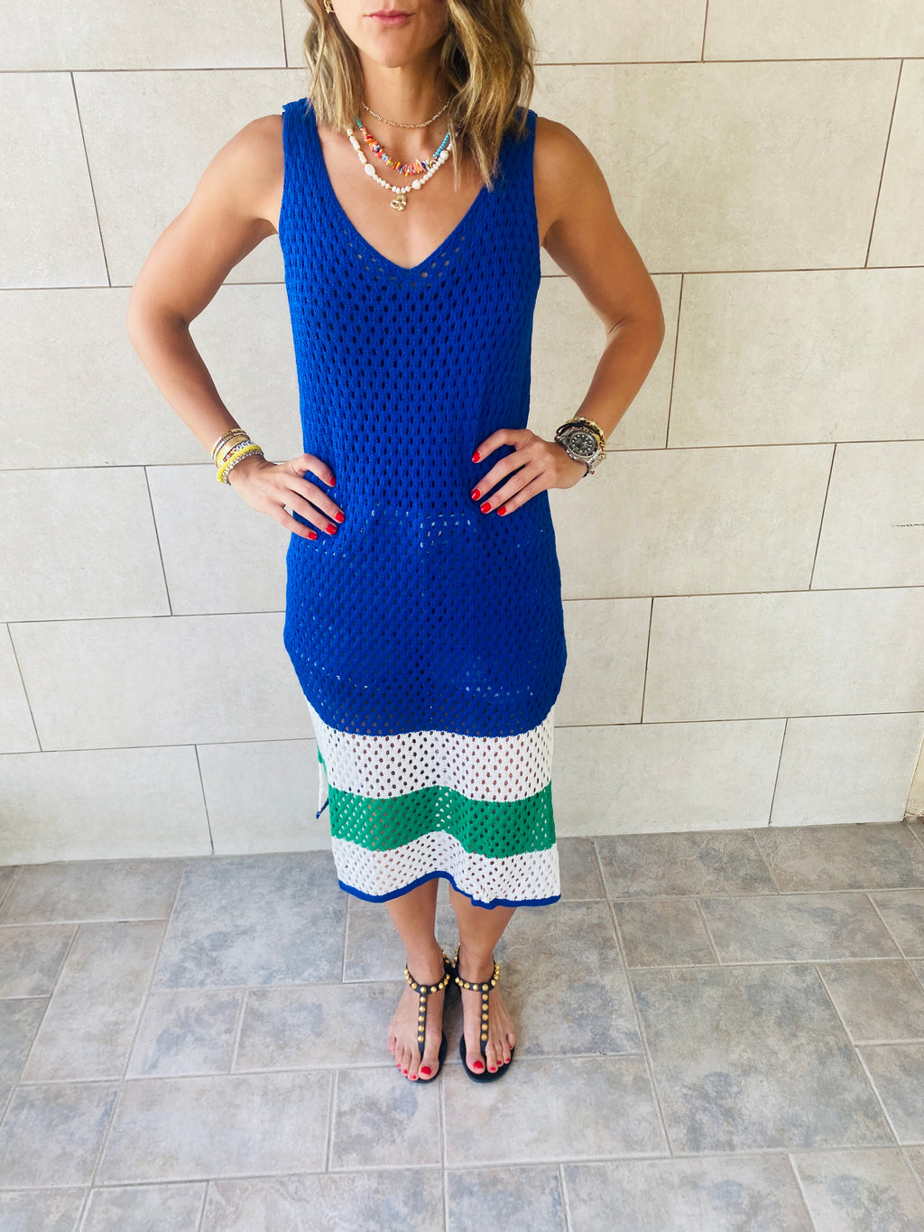 Blue Colorblock Trim Crochet Coverup
