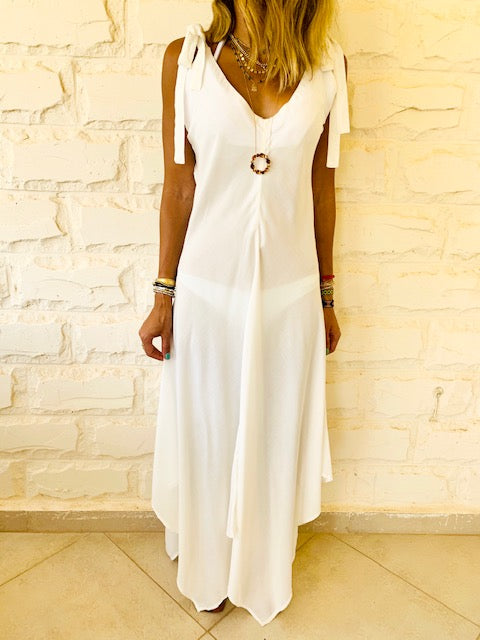 White Shoulder Tie Dress