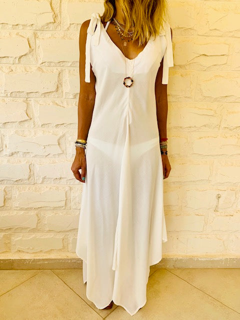 White Shoulder Tie Dress