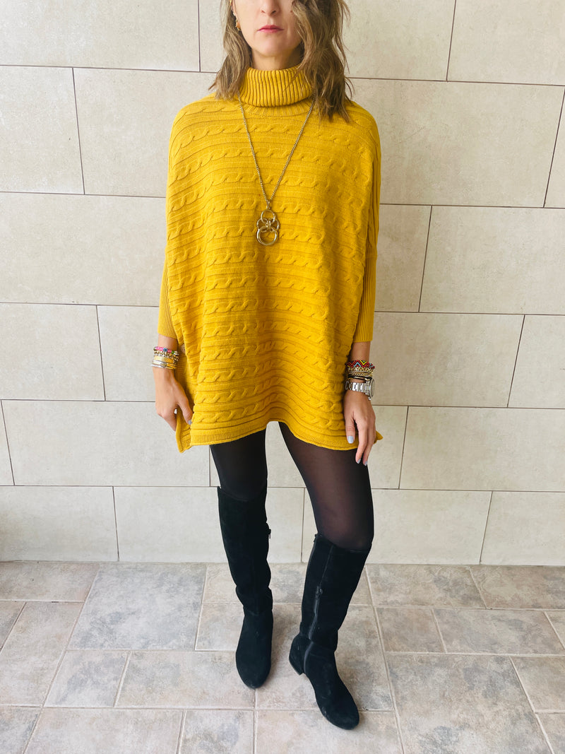 Mustard Cable Knit Poncho
