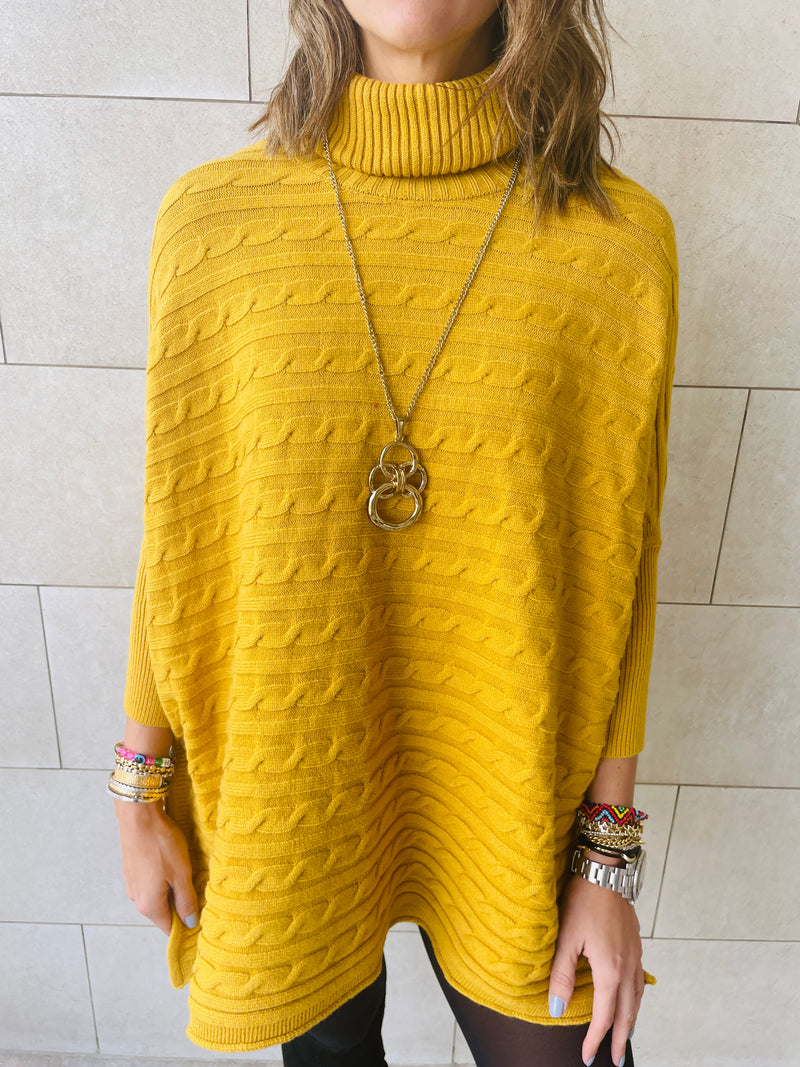 Mustard Cable Knit Poncho