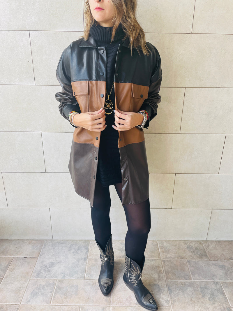 Camel Colour Block Leather Shirt