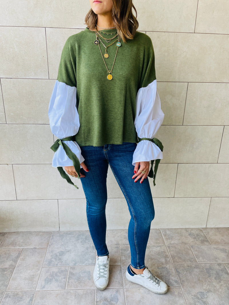 Olive Combined Shirt Sleeve Sweater
