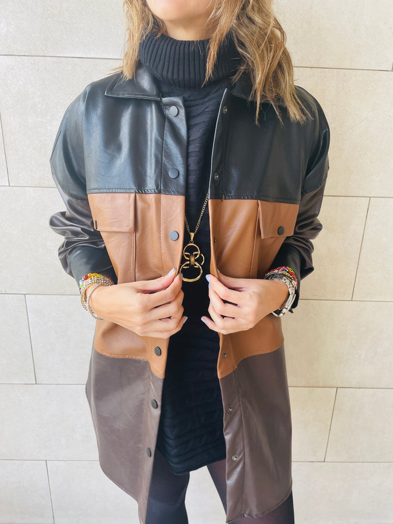 Camel Colour Block Leather Shirt