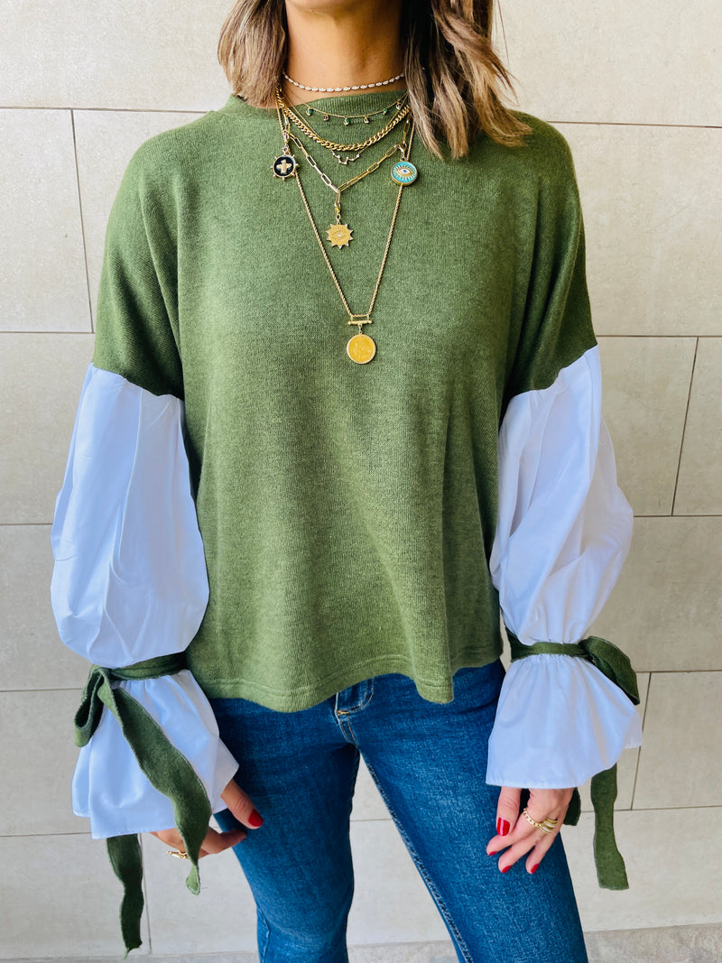 Olive Combined Shirt Sleeve Sweater