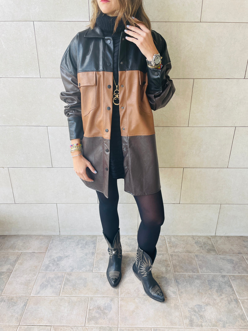 Camel Colour Block Leather Shirt