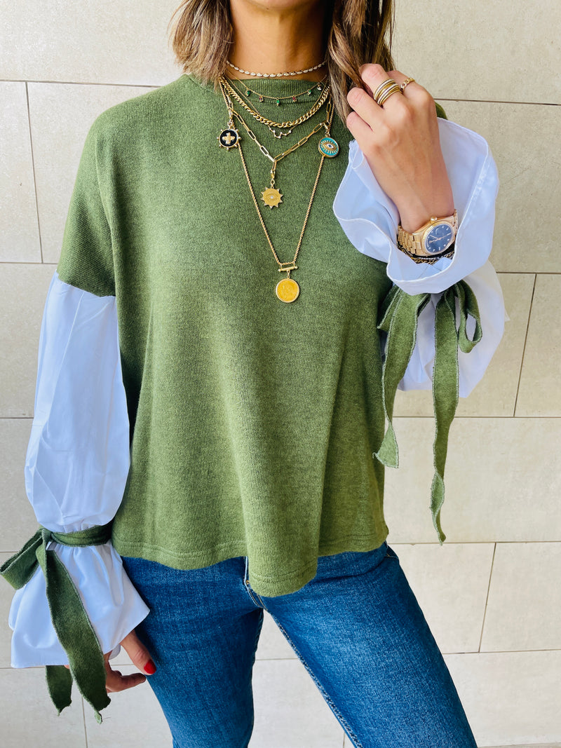 Olive Combined Shirt Sleeve Sweater