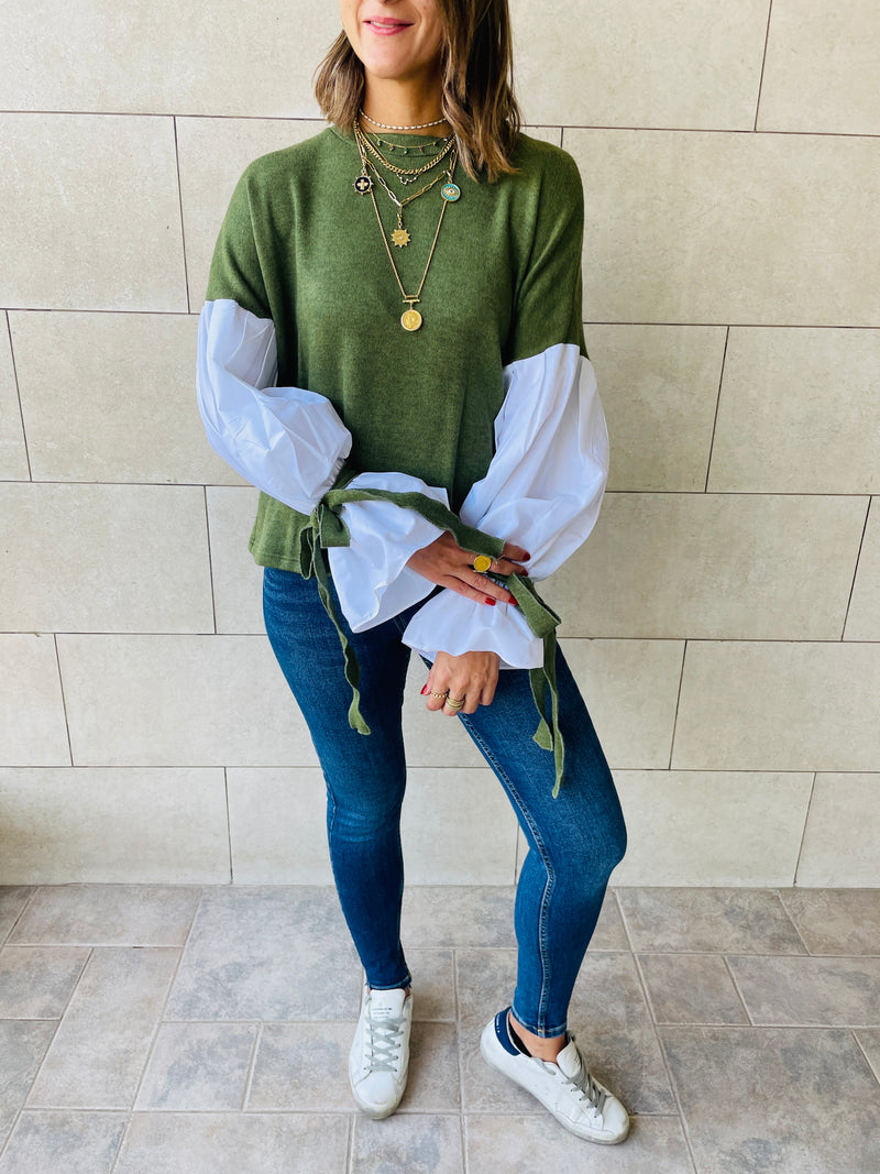 Olive Combined Shirt Sleeve Sweater