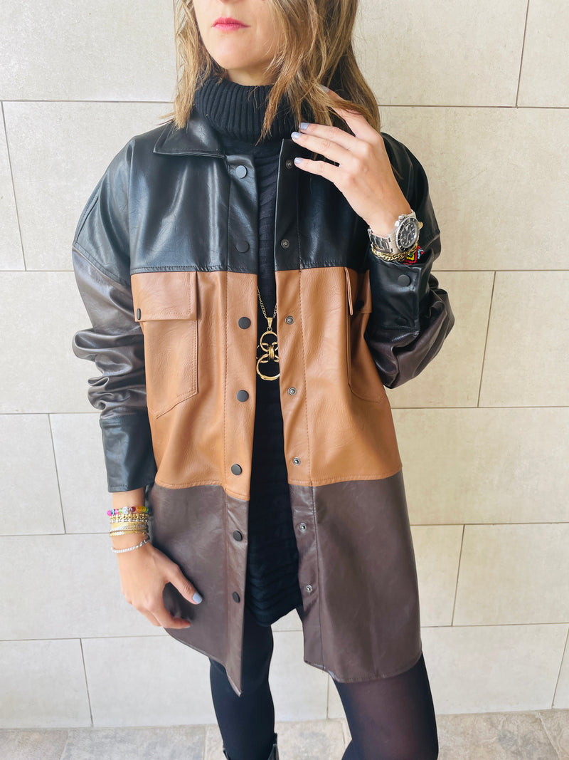 Camel Colour Block Leather Shirt