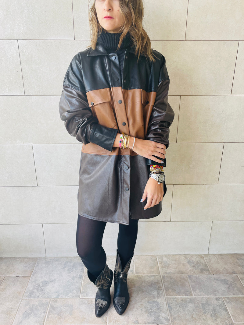 Camel Colour Block Leather Shirt