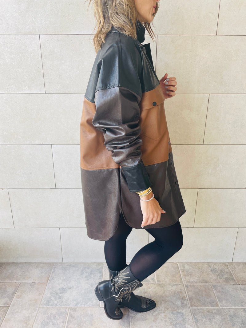 Camel Colour Block Leather Shirt