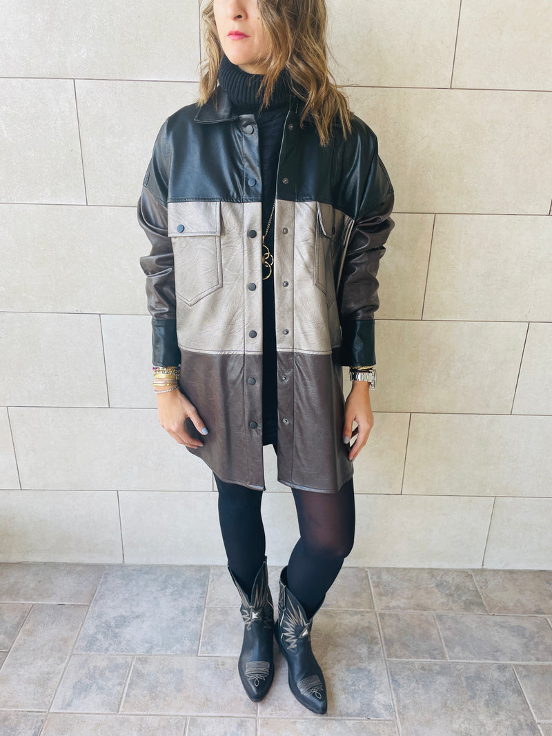 Bronze Colour Block Leather Shirt