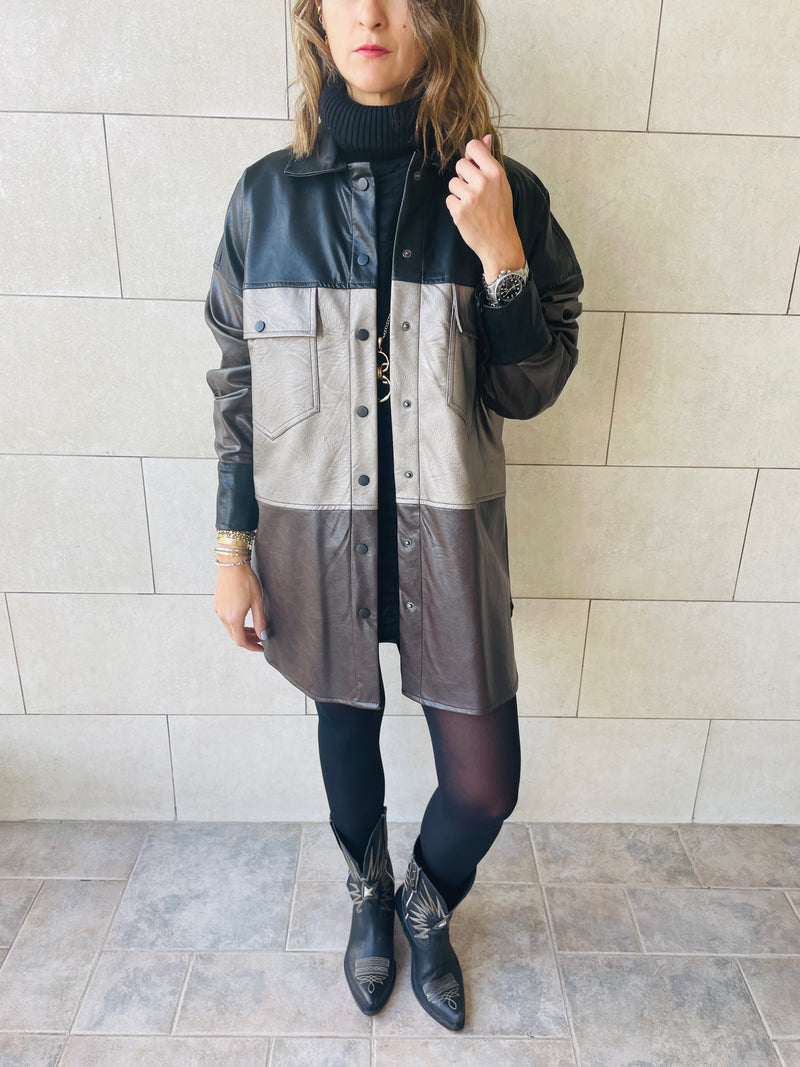 Bronze Colour Block Leather Shirt
