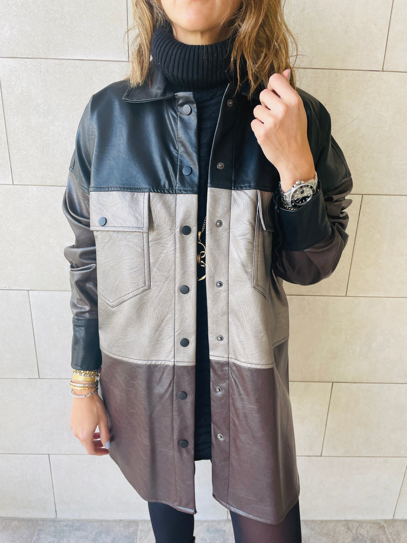 Bronze Colour Block Leather Shirt