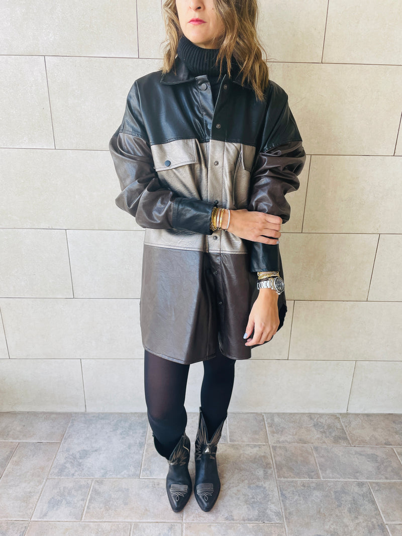Bronze Colour Block Leather Shirt