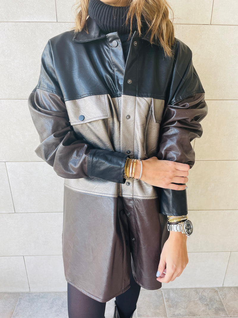 Bronze Colour Block Leather Shirt