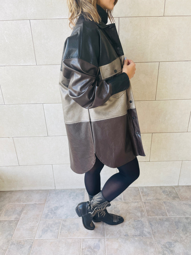 Bronze Colour Block Leather Shirt