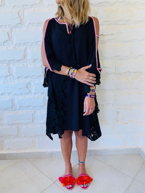Black Lacey Shoulder Trim Kaftan