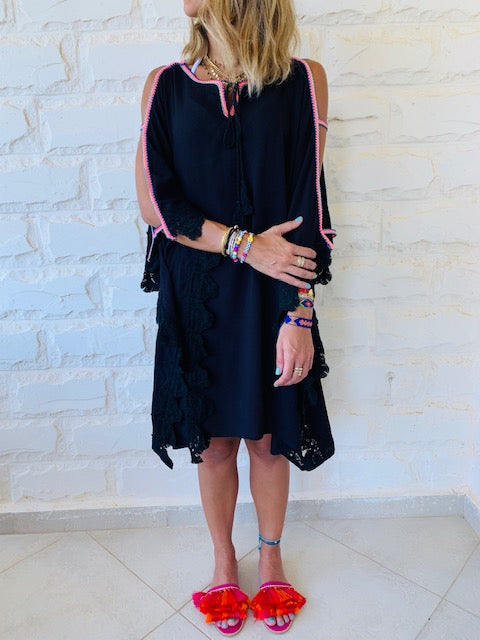 Black Lacey Shoulder Trim Kaftan