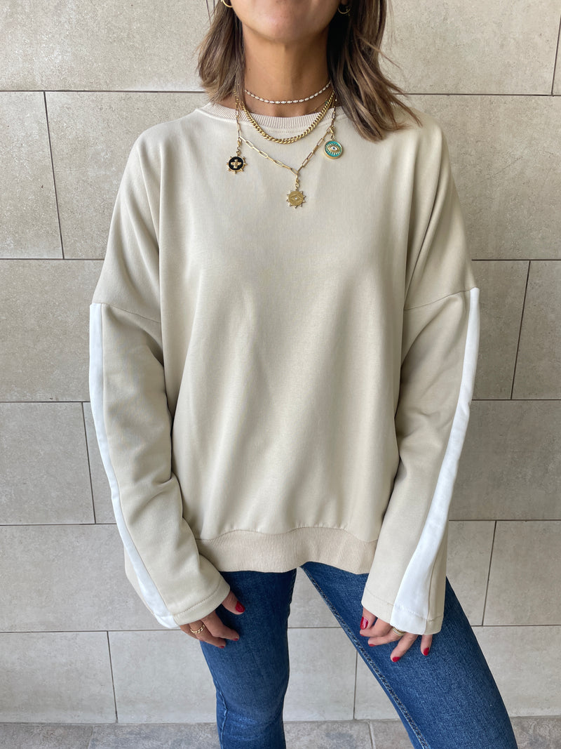 Beige Shoulder Stripe Sweatshirt