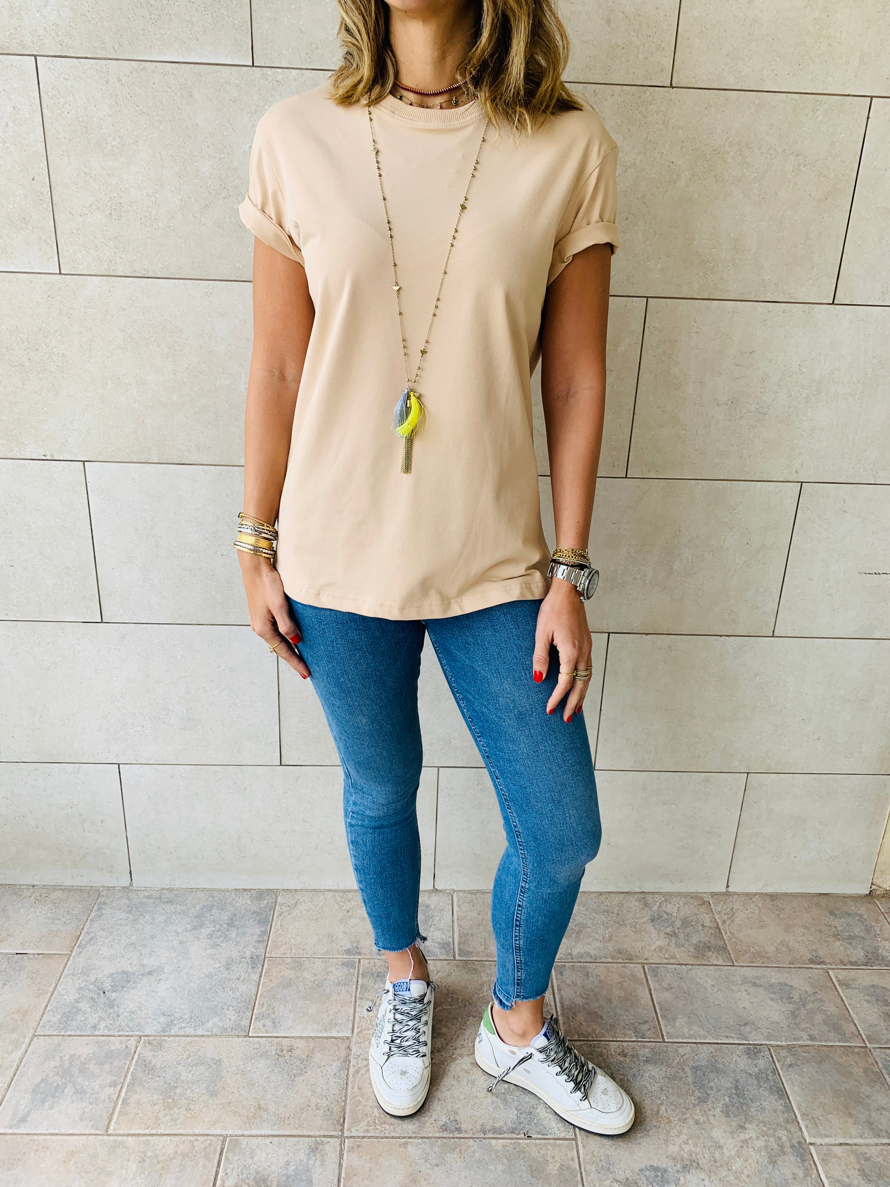 Beige & Red Crew T-Shirt Set