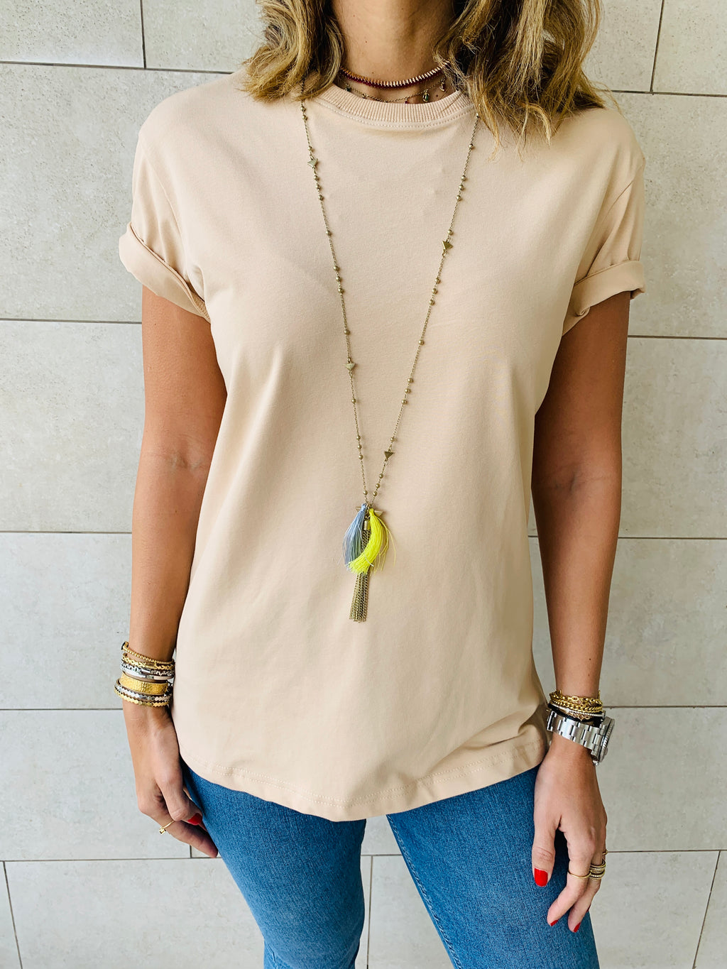 Beige & Red Crew T-Shirt Set