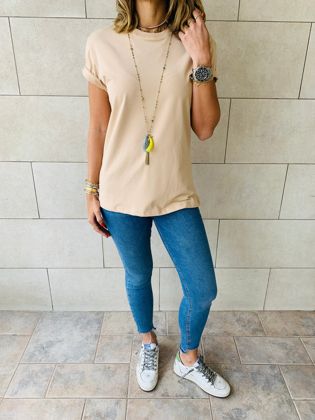 Beige & Red Crew T-Shirt Set