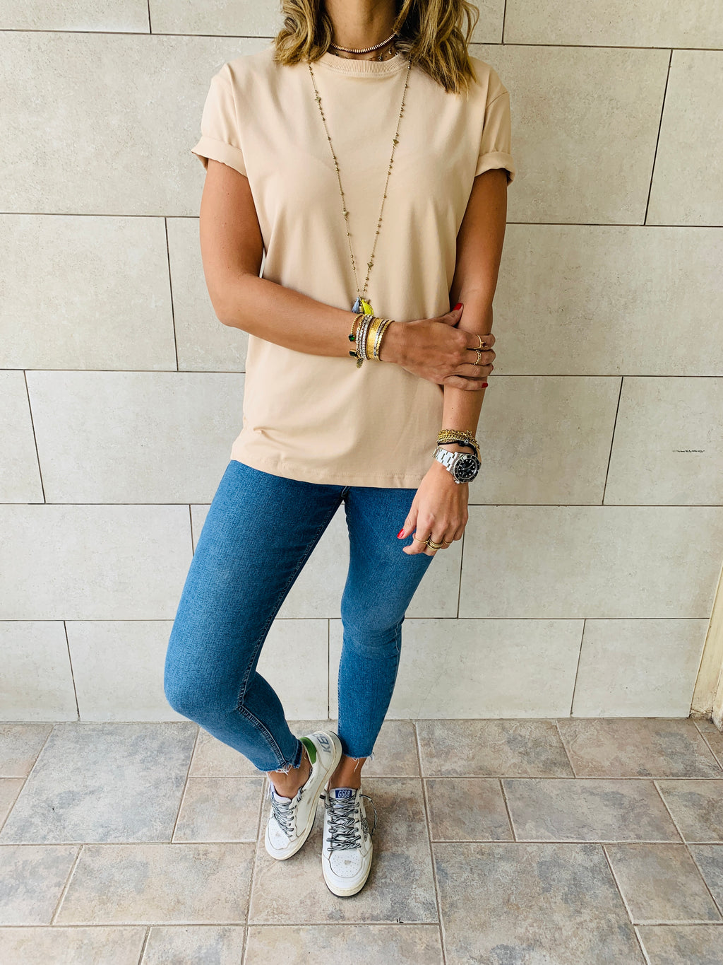 Beige & Red Crew T-Shirt Set