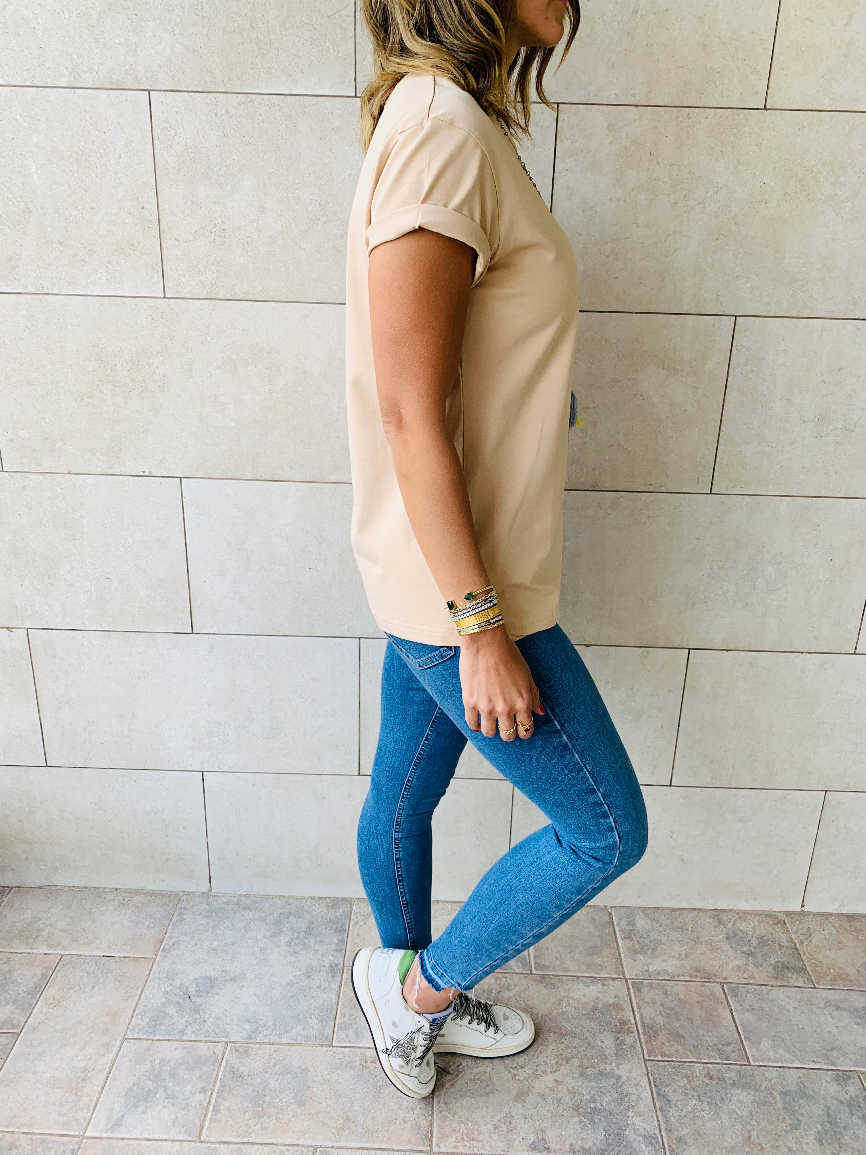 Beige & Red Crew T-Shirt Set