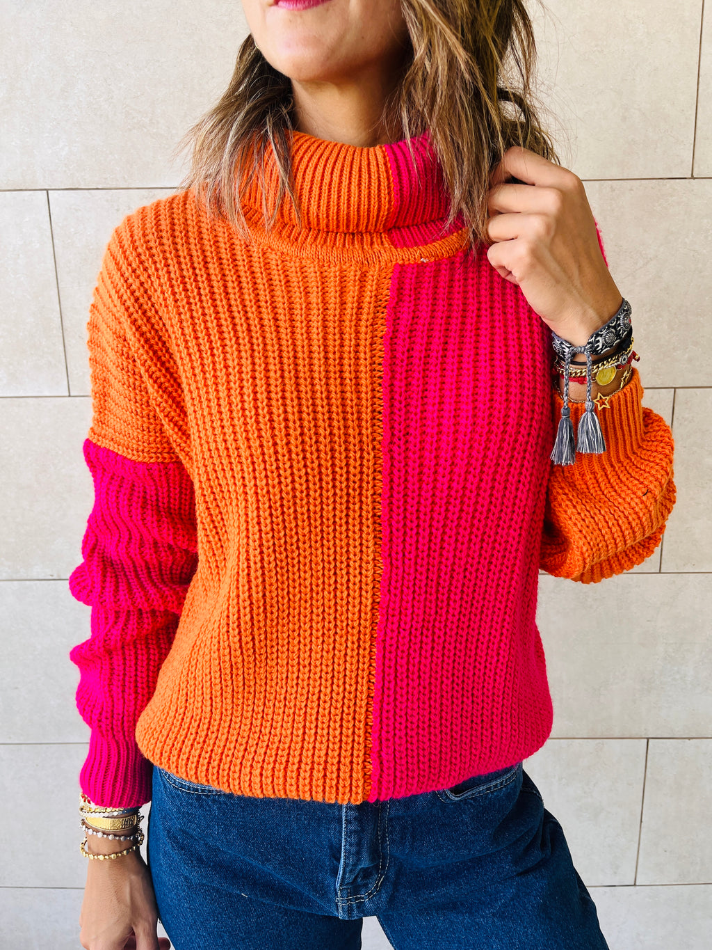 Orange & Fuchsia High Neck Colorblock Pullover