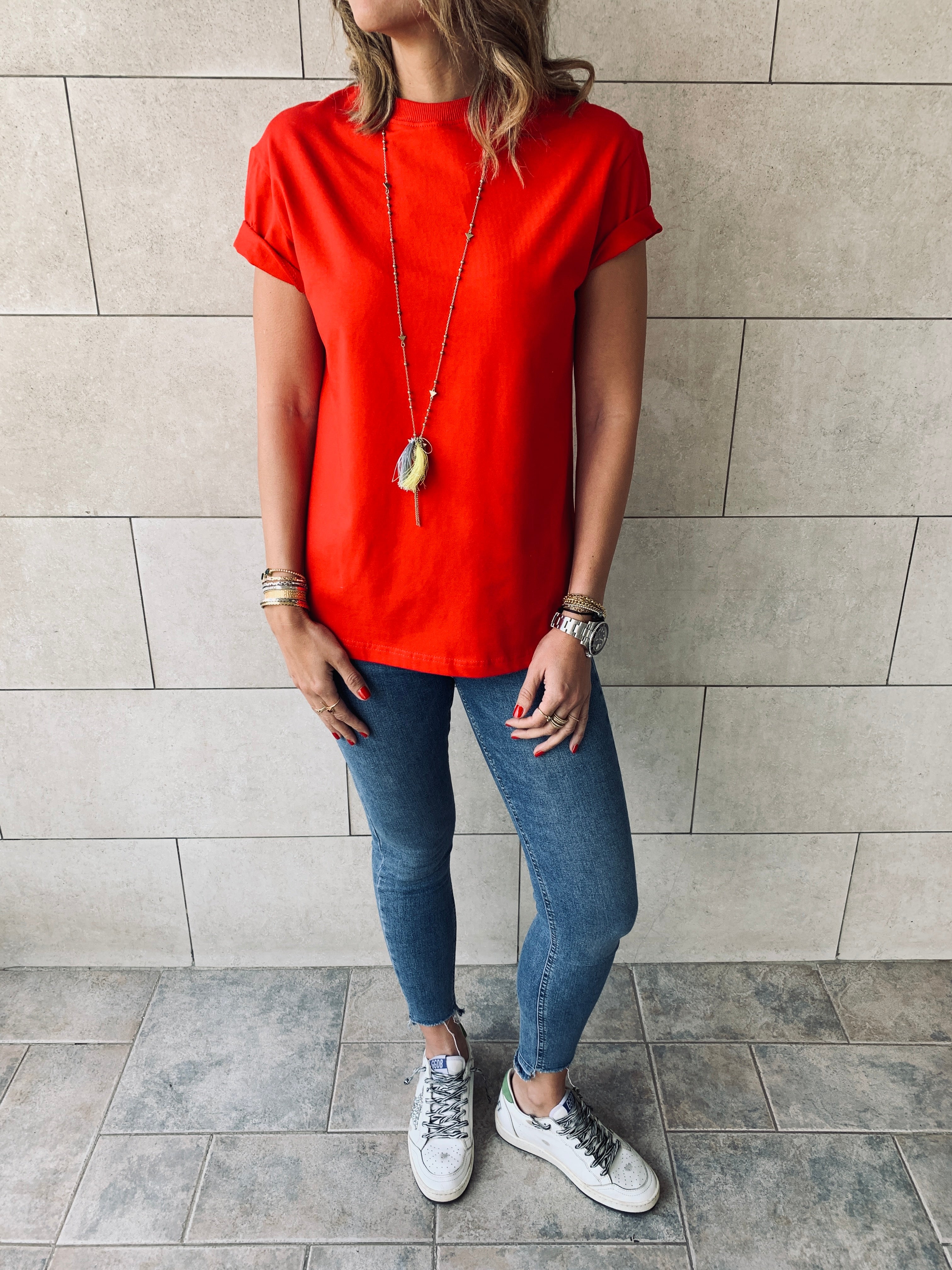 Beige & Red Crew T-Shirt Set