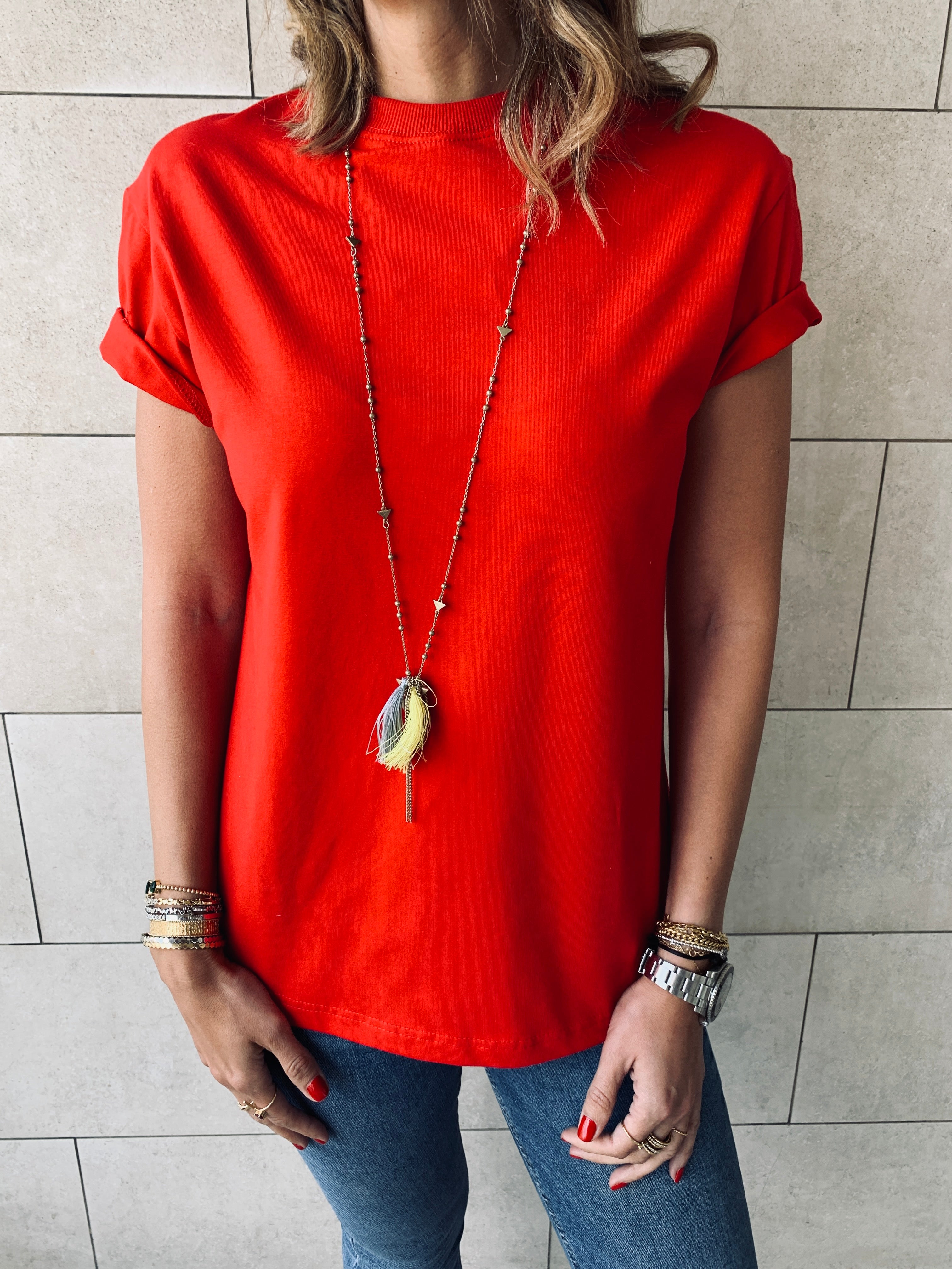 Beige & Red Crew T-Shirt Set