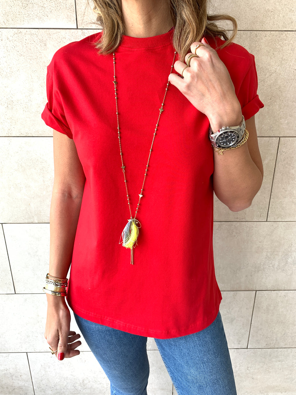 Beige & Red Crew T-Shirt Set