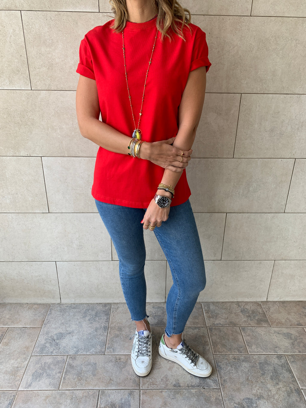 Beige & Red Crew T-Shirt Set