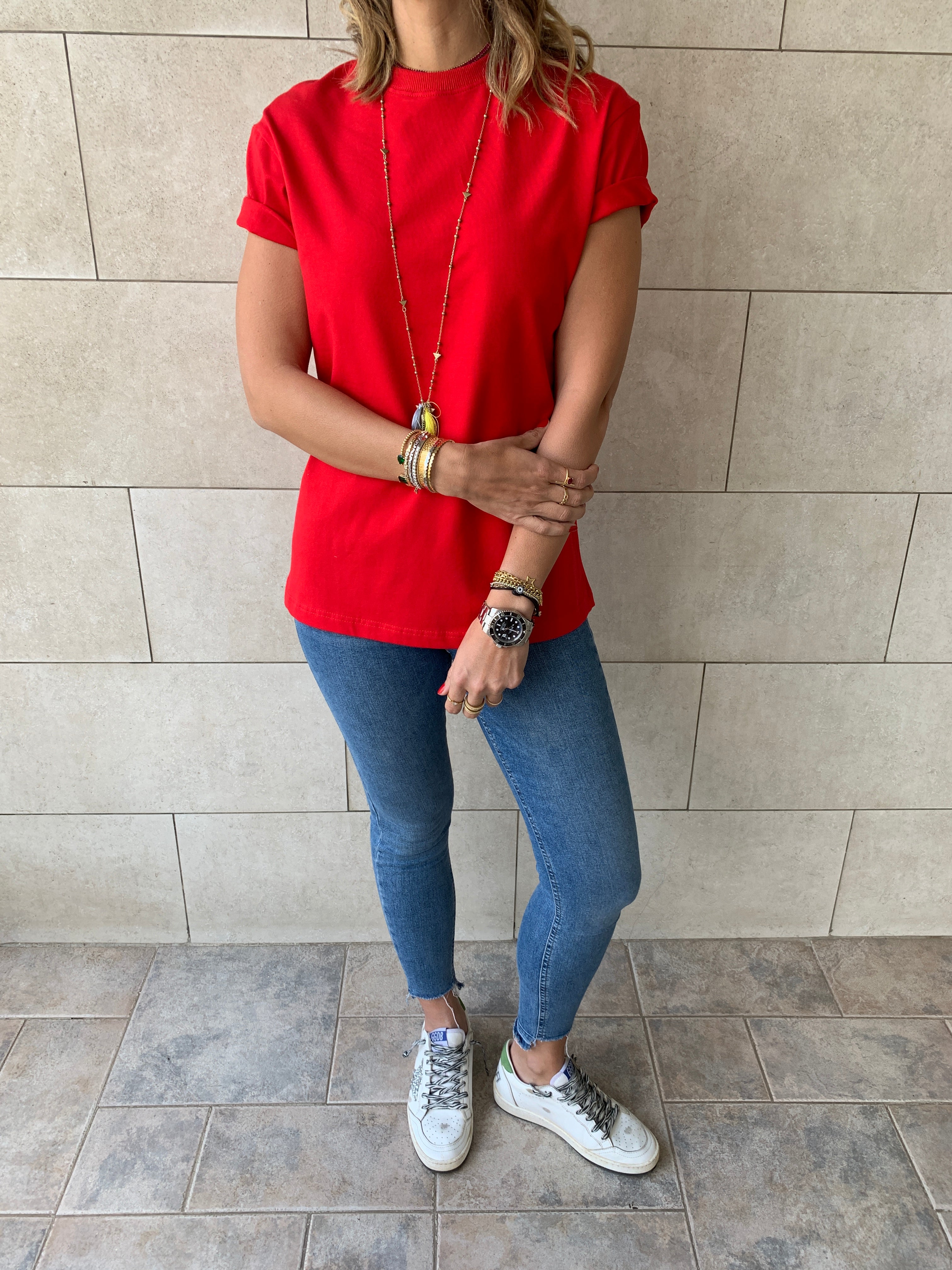 Beige & Red Crew T-Shirt Set